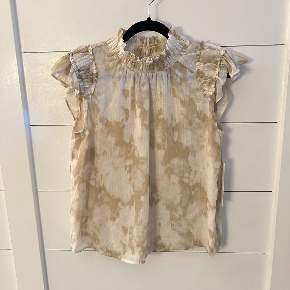 CALVIN KLEIN Woman Flutter sleeve smocked tan-white mock neck classic tank NWT S - Picture 2 of 14